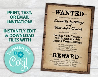 Rustic Wedding Invitation Template | Editable Country Wedding Invitation Printable | Rustic Chic Wedding Invite with Western WANTED theme