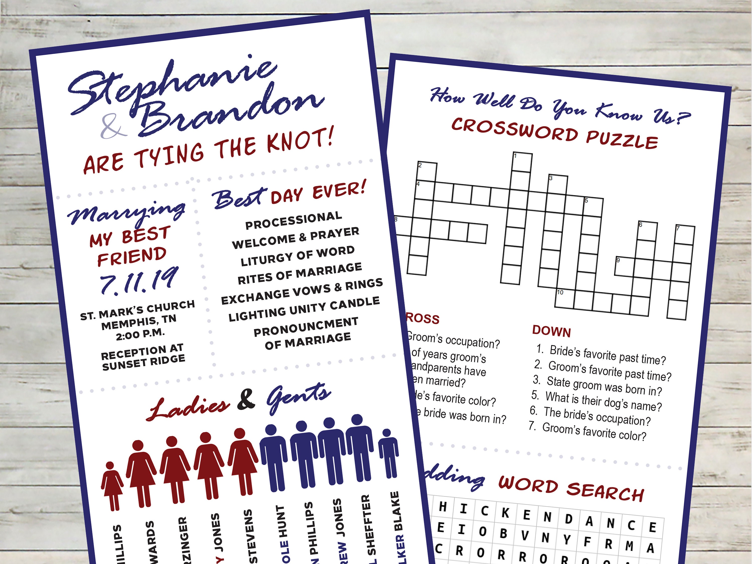 Fun Modern Infographic Wedding Program With Crossword Puzzle Etsy