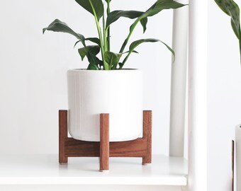 Shorty Mid-Century Modern Cylinder Desktop Planter set with solid Wood Planter Stand - 6" Ceramic Cylinder Pot