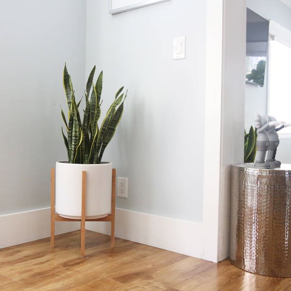 Large Mid-Century Modern Planter with Wood Planter Stand