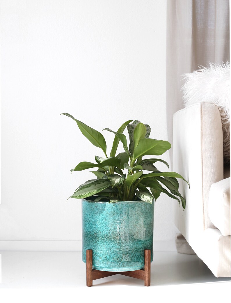 Large Aqua Blue Mid Century Modern Planter Planter Stand Etsy