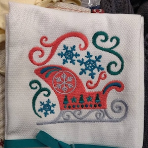 Custom Embroidered tea towel &quot;Christmas Scandinavian Sleigh&quot; Scandinavian Norwegian Swedish