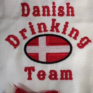 Custom Embroidered tea towel &quot;Danish Drinking Team Scandinavian Design Denmark Flag