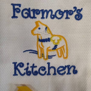Custom Embroidered tea towel "Farmor's Kitchen Dala Horse" Scandinavian Grandmother, Father's Mother Swedish, Norwegian, Danish
