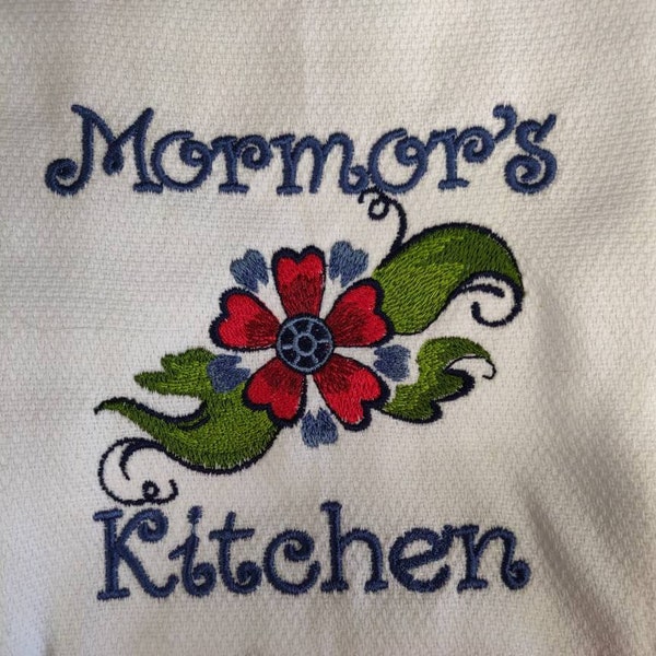 Custom Embroidered tea towel "Mormor's Kitchen" Rosemaling design Scandinavian Grandmother, Swedish, Norwegian