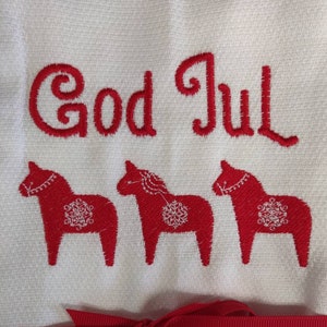 Custom Embroidered tea towel &quot;Three Dala Horse God Jul&quot; Scandinavian Sweden, Swedish, Norway, Norwegian, Denmark, Danish, Merry Christmas