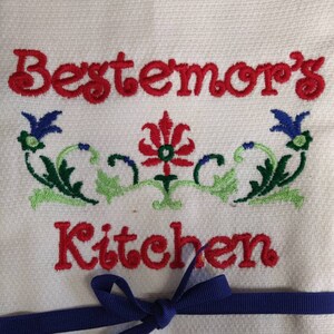 Custom Embroidered tea towel &quot;Bestemor&#39;s Kitchen Floral Design&quot; Scandinavian Grandmother, Mother&#39;s Mother, Norwegian, Norway