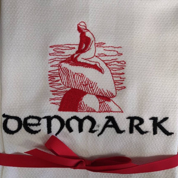 Custom Embroidered tea towel "Little Mermaid Denmark Design" Scandinavian Design Danish