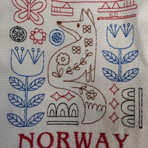 Custom Embroidered tea towel &quot;Norway&quot; folkart sampler Scandinavian Norwegian