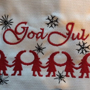 Custom Embroidered tea towel &quot;God Jul&quot; tomtes Scandinavian Norwegian Swedish