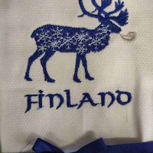 Custom Embroidered tea towel "Finland Reindeer" Scandinavian Design Finnish