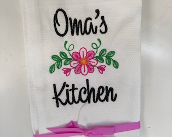 Custom Embroidered tea towel "Oma's Kitchen" German Grandmother Design You pick colors