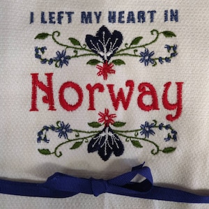 Custom Embroidered tea towel &quot;I Left My Heart in Norway&quot; Scandinavian Design Norwegian
