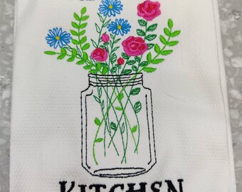 Custom Embroidered tea towel "Mom's Kitchen" Jar of Wildflowers mother Design You pick colors