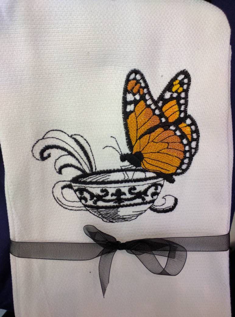 Hand Embroidered Kitchen Tea Towel Coffee Cup with Steam White 26.5” X  16.5”