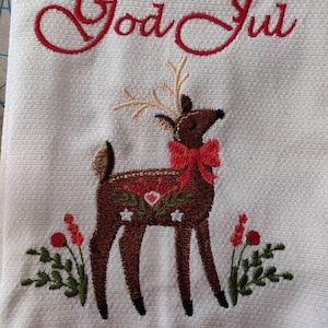 Custom Embroidered tea towel &quot;God Jul&quot; Folkart Reindeer Scandinavian Norwegian Swedish Danish