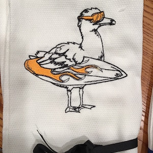 Custom Embroidered tea towel surf in’ seagull you pick colors