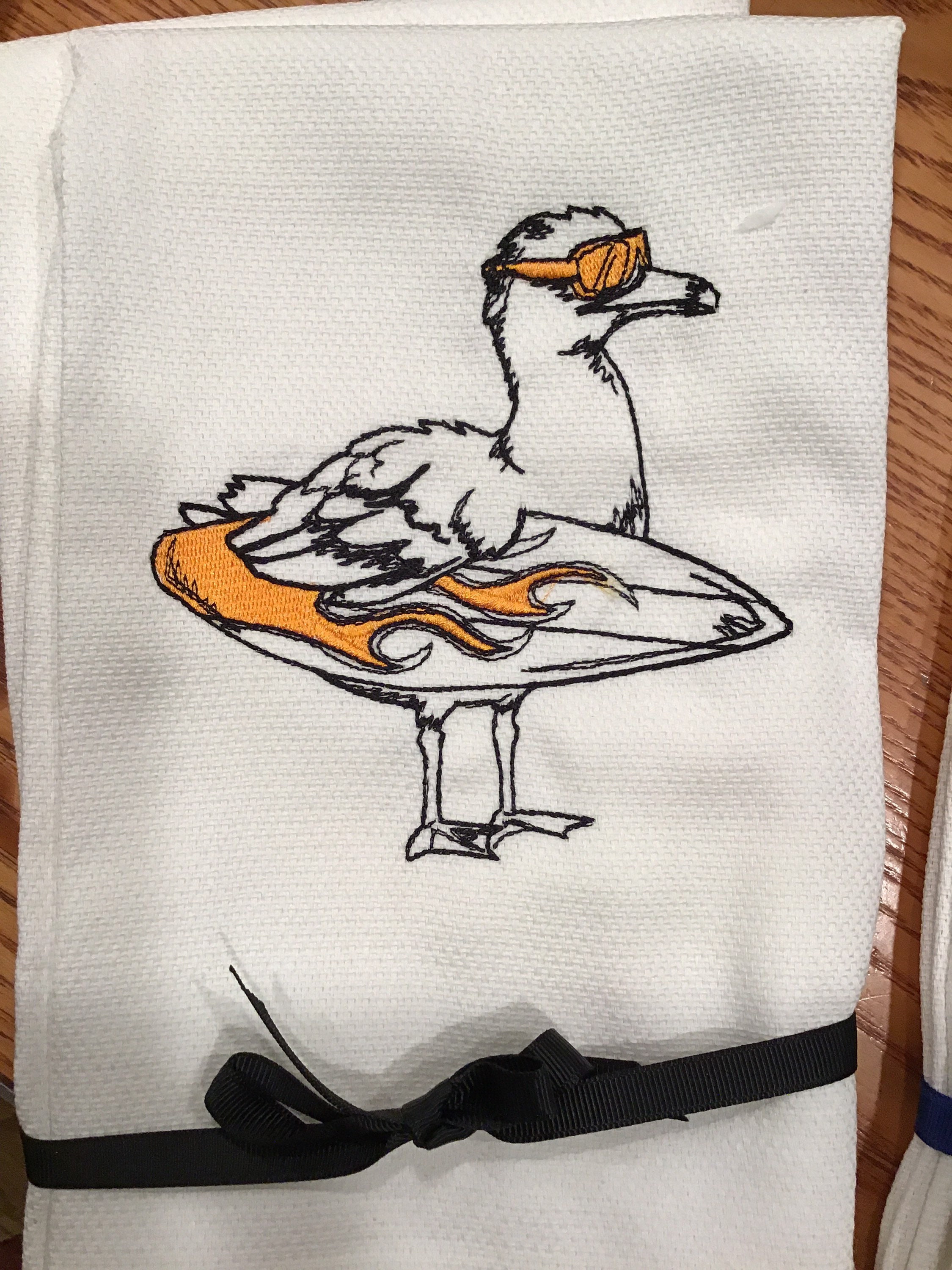 Custom Embroidered tea towel surf in’ seagull you pick colors