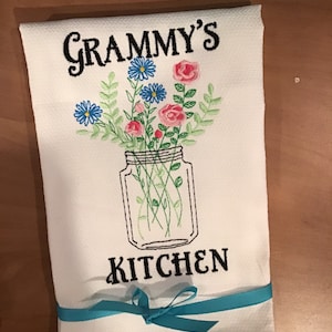 Custom Embroidered tea towel Grammy’s Kitchen&quot; Jar of Wildflowers  Grandmother Design You pick colors