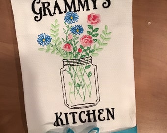 Custom Embroidered tea towel Grammy’s Kitchen" Jar of Wildflowers  Grandmother Design You pick colors