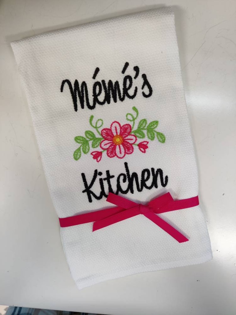 Custom Embroidered tea towel "Meme's Kitchen” French Grandmother Design You pick colors image 1