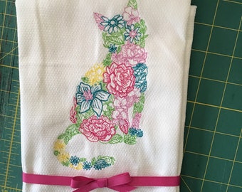 Custom Embroidered tea towel &quot;Floral Cat&quot; you pick colors