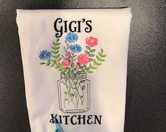 Custom Embroidered tea towel &quot;Gigi’s Kitchen&quot; Jar of Wildflowers Grandmother Design You pick colors