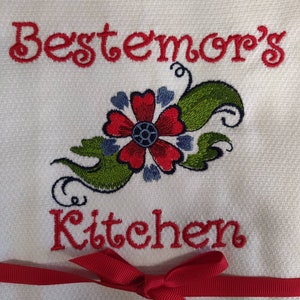 Custom Embroidered tea towel &quot;Bestemor&#39;s Kitchen Rosemaling Design&quot; Scandinavian Grandmother, Mother&#39;s Mother, Norwegian, Norway