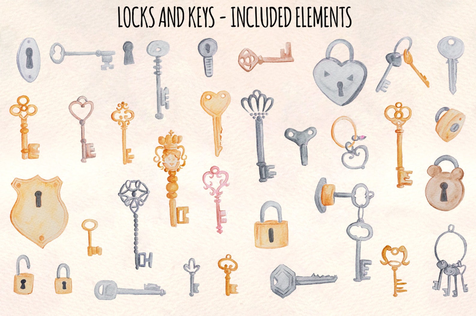 Locks and Keys Watercolor 34 Antique Style Illustrator Etsy
