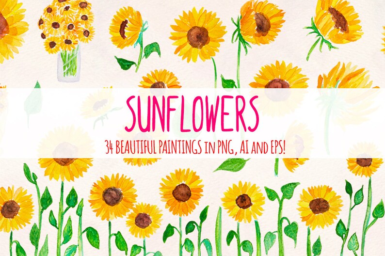 Download Happy Sunflowers 34 Watercolor Illustrator Elements Vector Etsy