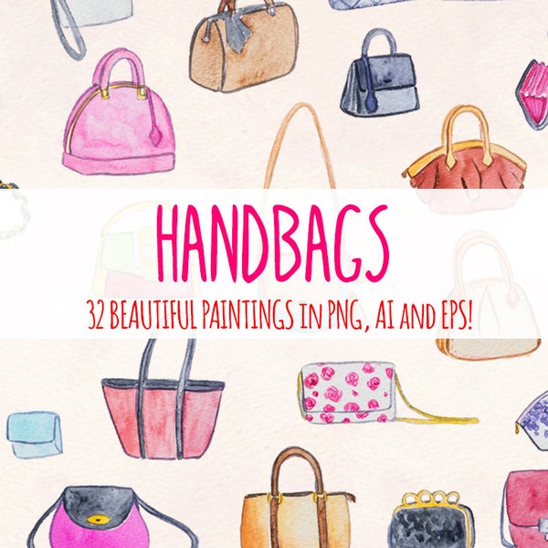 Könnte beinhalten: Eine Sammlung von Aquarellillustrationen mit verschiedenen Handtaschenstilen in Farben wie Pink, Gelb, Braun, Blau und Schwarz. Das Bild enthält den Text HANDBAGS 32 BEAUTIFUL PAINTINGS IN PNG, AI AND EPS! in der Mitte des Bildes.
