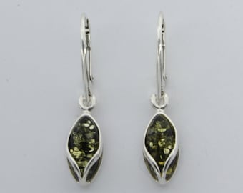 Genuine and Natural Green Dangle BALTIC AMBER Drop Earrings in 925 Sterling Silver with Leverback / Lever Back closing / French Closing