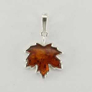 Cognac / Brown BALTIC AMBER Maple Leaf Pendant in 925 Sterling Silver - Natural and Genuine Gemstone from Poland
