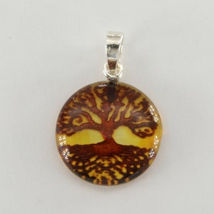 Round Carved BALTIC AMBER Tree of Life Pendant in 925 Sterling Silver - Natural and Genuine Gemstone from Poland