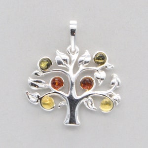 Multi-Color Triple BALTIC AMBER Tree of Life Pendant in 925 Sterling Silver - Natural and Genuine fossilized Resin from Poland