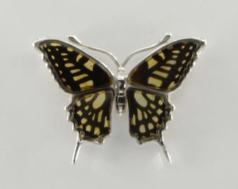 Carved Baltic Amber Butterfly Pendant: 925 Sterling Silver Gemstone