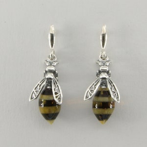 Baltic Amber Bumble Bee Earrings: Sterling Silver Dangle Drop