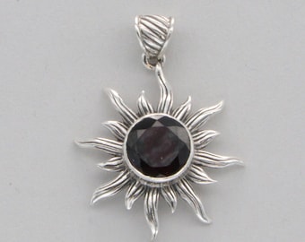 Genuine and Natural Facetted Red Sun / Star  GARNET Drop Pendant in solid 925 Sterling Silver - Faceted