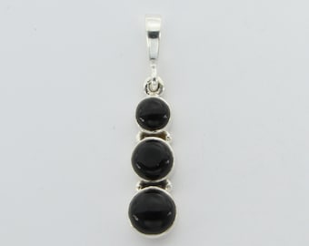 Genuine and Natural Triple Round BLACK ONYX Pendant in 925 Sterling Silver