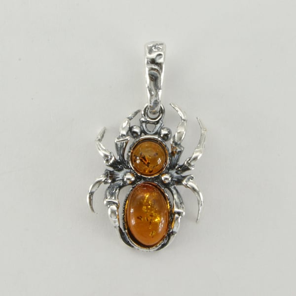 Natural and Genuine Cognac / Brown BALTIC AMBER Spider Pendant in 925 Sterling Silver (Poland)