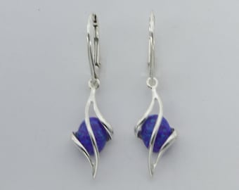Purple Oval FIRE OPAL Dangle Swirl Earrings in 925 Sterling Silver / Leverback / Lever back