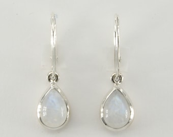 Genuine and Natural Rainbow MOONSTONE Dangle / Drop Pear / Teardrop Leverback Earrings in 925 STERLING SILVER