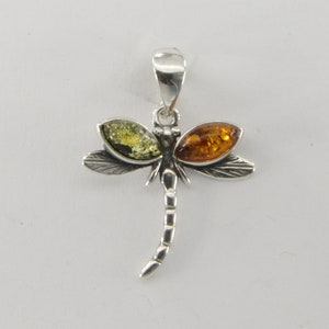 Multi-Color BALTIC AMBER Dragonfly Pendant in 925 Sterling Silver - Natural Genuine Gemstone from Poland