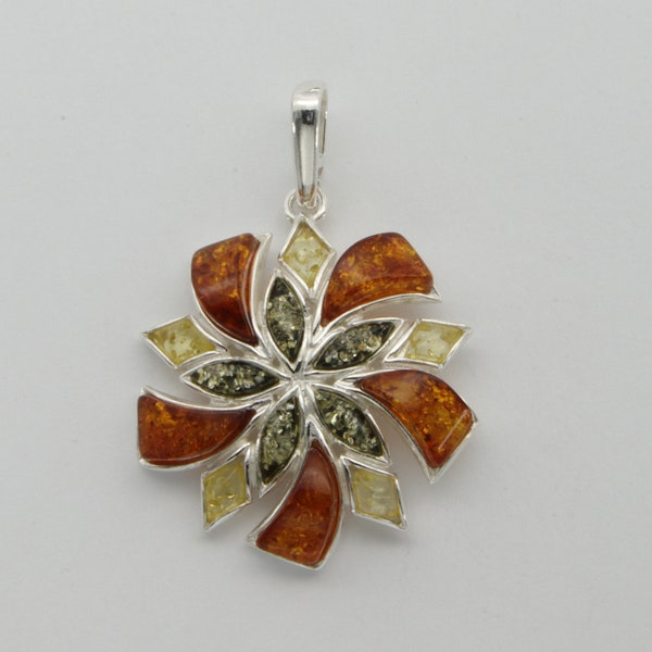 Multi-Color BALTIC AMBER Swirl Flower Pendant in 925 Sterling Silver - Genuine and Natural Gemstone from Poland