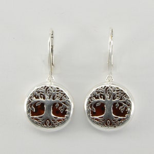 Cognac Baltic Amber Tree of Life Earrings, Sterling Silver Dangle