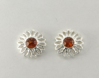 Round Cognac/ Brown BALTIC AMBER Flower Stud / Post Earrings - 925 Sterling Silver - Genuine and Natural Fossilized Resin from Poland