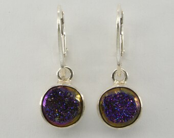 Genuine and Natural Round DRUZY / Druse / Drusy Quartz Earrings - 925 STERLING SILVER - Leverback / Lever Back closing