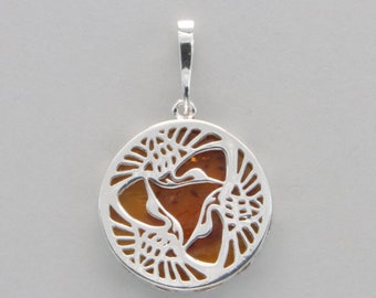 Round Common Crane Bird BALTIC AMBER Pendant in 925 Sterling Silver - Genuine and Natural Gemstone - Fossilized Resin from Poland