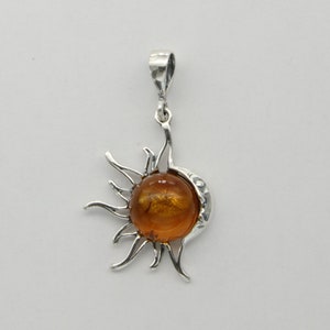 Brown / Cognac BALTIC AMBER Sun Star and Moon Pendant in 925 Sterling Silver - Genuine and Natural  Gemstone from Poland