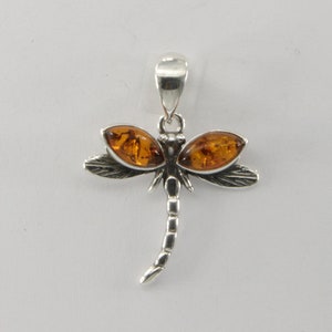 Cognac / Brown BALTIC AMBER Dragonfly Pendant in 925 Sterling Silver - Natural Genuine Gemstone from Poland